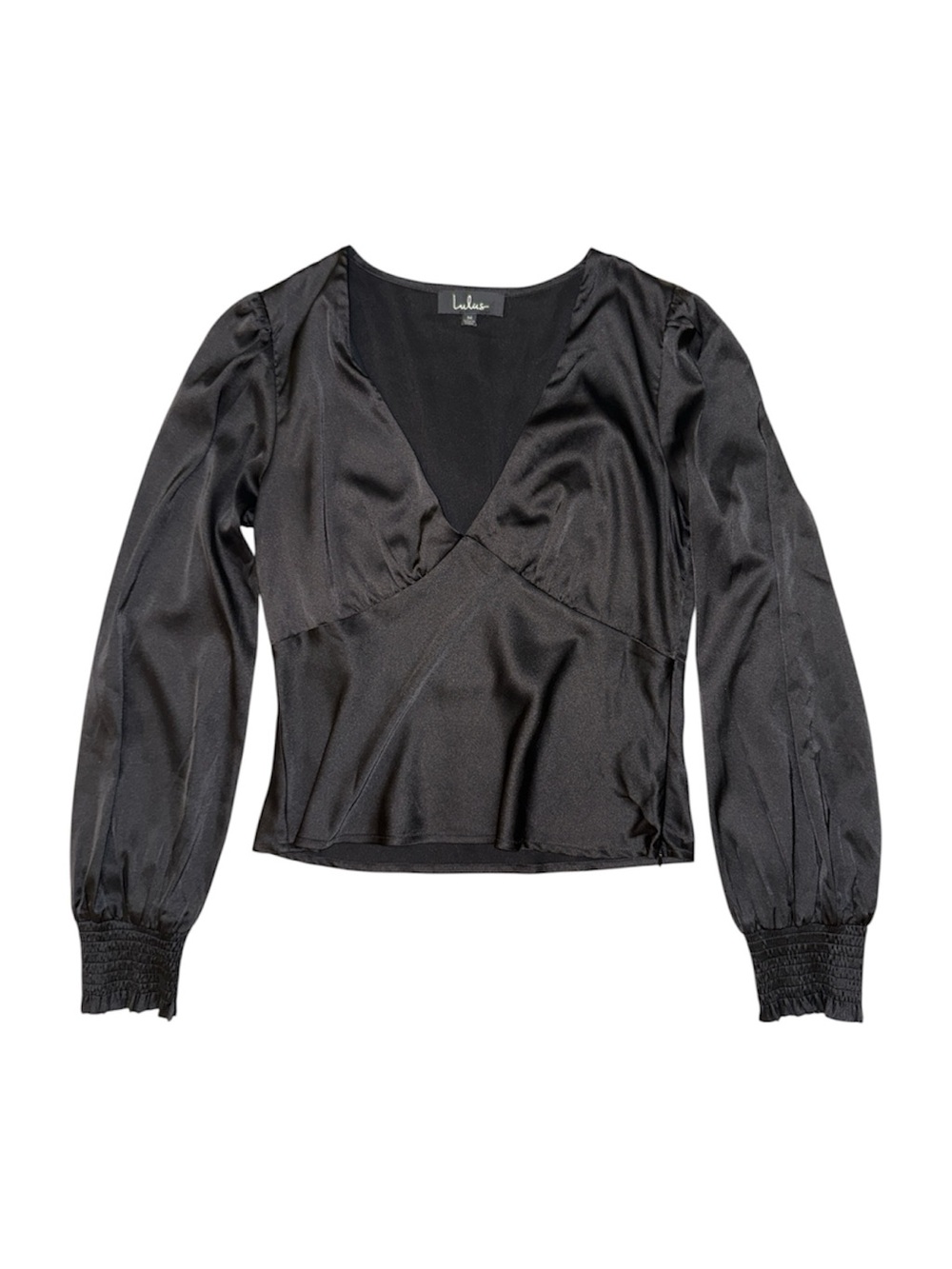Lulus Black Satin Long Sleeve V Neck Blouse Top Size M Puff Sleeve Side Zip